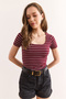Women's Burgundy Striped Square Neck Stretchy Cotton T-Shirt Tsh-19000886 - 5