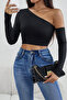 Women's Black Single Shoulder Detailed Long Sleeve Crop Top Blouse - 6