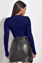 Women's Navy Blue Low-Cut Long Sleeve Cut Out Crop Top Blouse - 3