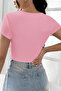 Women's Pink Half Sleeve Straight Collar Crop Top Blouse - 2
