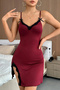 Night Women's Burgundy Leg-Slit Nightgown with Black Lace and Bow, Stylish Nightdress - 4