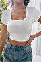 Women's White Half Sleeve Straight Collar Crop Top Blouse - 3