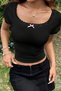 Women's Black Chest and Sleeves Ruched Bow Short Sleeve Crop Top Blouse - 7