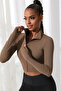 Women's Brown Long Sleeve Zippered Finger Snap Detailed Stand Collar Crop Top Blouse - 4