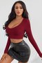 Women's Burgundy Long Sleeve Square Neck Crop Top Blouse - 3