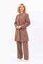 Self-Standing Collar Single Button Long Jacket & Wide Leg Trousers - Brown - 1074520