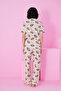 Beige Melange Cushioned Dog Patterned Short-Sleeved Buttoned Piped Pajama Set7855 - 3