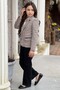 Girl's Open Collar and Stone Detailed Blouse Plaid Line Blazer Jacket Belted Black Bottom Top Set - 3