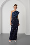 Women's Navy Blue Slim Fit One Shoulder Stone Detail Engagement Wedding Evening Dress - 3