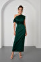 Women's Emerald Green Slim Fit Cowl Neck Slit Satin Midi Dress - 2