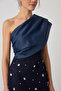 Women's Navy Blue Slim Fit One Shoulder Stone Detail Engagement Wedding Evening Dress - 4