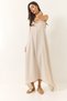 Women's Beige Knitted Strappy Asymmetrical Skirted Loose Linen Dress 5937 60281018 - 4