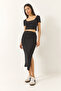 Women's Black Square Neck Short Sleeve Crop Slit Detailed Camisole Bottom-Top Set 60284032 - 3