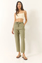 Women's Khaki Tie-Waist Leg Detail Pocketed Linen Carrot Trousers Yp5134 60283180 - 2