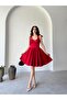 Red Bustier Detailed Strappy Satin Evening Dress - 2