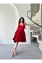 Red Bustier Detailed Strappy Satin Evening Dress - 4