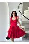 Red Bustier Detailed Strappy Satin Evening Dress - 3