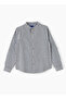 Boys' Grey and White Vertical Striped Cotton Shirt with Mandarin Collar