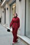Women's Crinkle Fabric Waist Tie Suit Claret Red - 3
