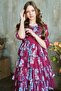 Girl's Rose Patterned Burgundy Dress with Layered Ruffles and Pleated Collar and Skirt - 2