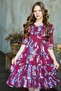 Girl's Rose Patterned Burgundy Dress with Layered Ruffles and Pleated Collar and Skirt - 5