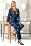 Satin Lace Detailed Lace and Laced Pajama Suit 4601 Navy Blue