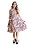Girl's Rose Patterned Pink Dress with Layered Ruffles at the Collar and Skirt - 6