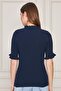 Women's Navy Blue Ruffled Short Sleeve Ribbed Knitwear Blouse 1212 - 5