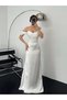 White Gathered Low Sleeve Satin Evening Dress