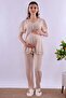 Cotton Breastfeeding Detailed Maternity & Postpartum Pajama Set |   Adjustable Waist - Brown - 2