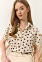 Women's Ecru Black Minimal Patterned Short Bat Sleeve Viscose Shirt 20310 60283222