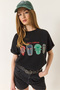 Women's Black Printed Oversize Short Sleeve Basic T-Shirt 60284034 - 3