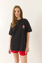 Women's Black Printed Cotton Oversize Knitted T-Shirt 60284039 - 4