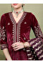 Red Embroidered Velvet Kurta Set with Dupatta - 5