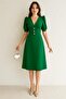 Green Balloon Sleeve Front Button Detail Crepe Fabric Midi Length Dress