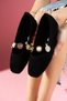 Stamp Black Suede Pearl and Seal Accessory Banded Ballerinas - 3