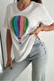 Women's White V-Neck Large Size Balloon Sequin Sequin Embroidered 100% Cotton T-Shirt - 5