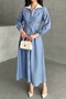 Women's Striped Buttoned Neck Paneled Elastic Waist Long Dress - 3