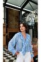 Blue V-Neck Ruffle Detailed Blouse Shirt - 4