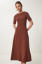 Women's Brown Flared Midi Summer Knit Dress ZH00047 - 2
