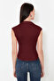 Bordo Dik Yaka Büzgü/Drape Detaylı Fitted/Vücuda Oturan Asimetrik Örme Bluz TWOSS24BZ00534 - 4