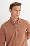 Men's Brown Comfort Fit Relaxed Cut Hidden Button Collar 100% Cotton Flared Shirt - 4