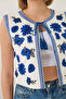 Women's White Navy Blue Embroidered Linen Vest with Tie Detail 290 60283214 - 7