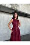 Burgundy Dress with Front Zipper Detail and Waist Fitting - 5