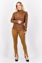 Women Mock Neck Long Sleeves Satin Plain Blouse, Brown - 4