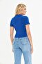 Navy Blue Drape Detailed Fitted/Body Fitted Crew Neck Short Sleeve Stretchy Knitted Blouse - 5