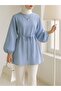 Round Neck, Tie-Waist, Balloon Sleeve Tunic - Baby Blue - 2