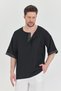 Wide Collar Half Button Ethnic Patterned T-Shirt