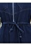 Half Zipper Tunnel Lace up Elastic Sleeve Denim Dress - Navy - 6