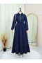 Half Zipper Tunnel Lace up Elastic Sleeve Denim Dress - Navy